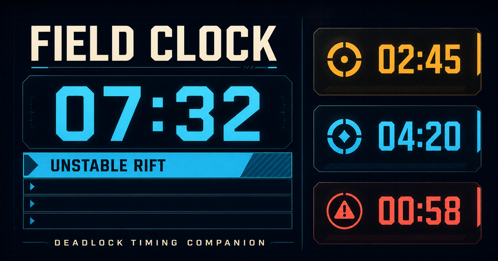 Blue Deadlock timing dashboard with match events and retrigger timers