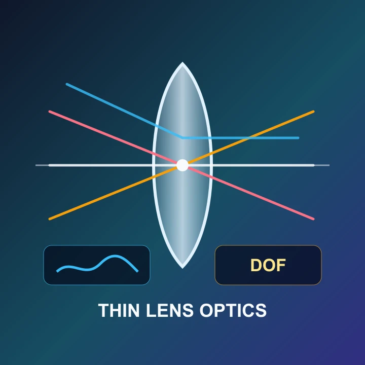 thin lens optics visualization with rays and depth of field graph