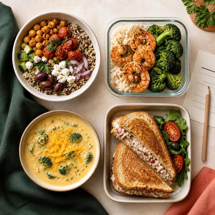 Overhead meal prep spread with a chickpea bowl, shrimp and broccoli, broccoli cheddar soup, and a tuna melt