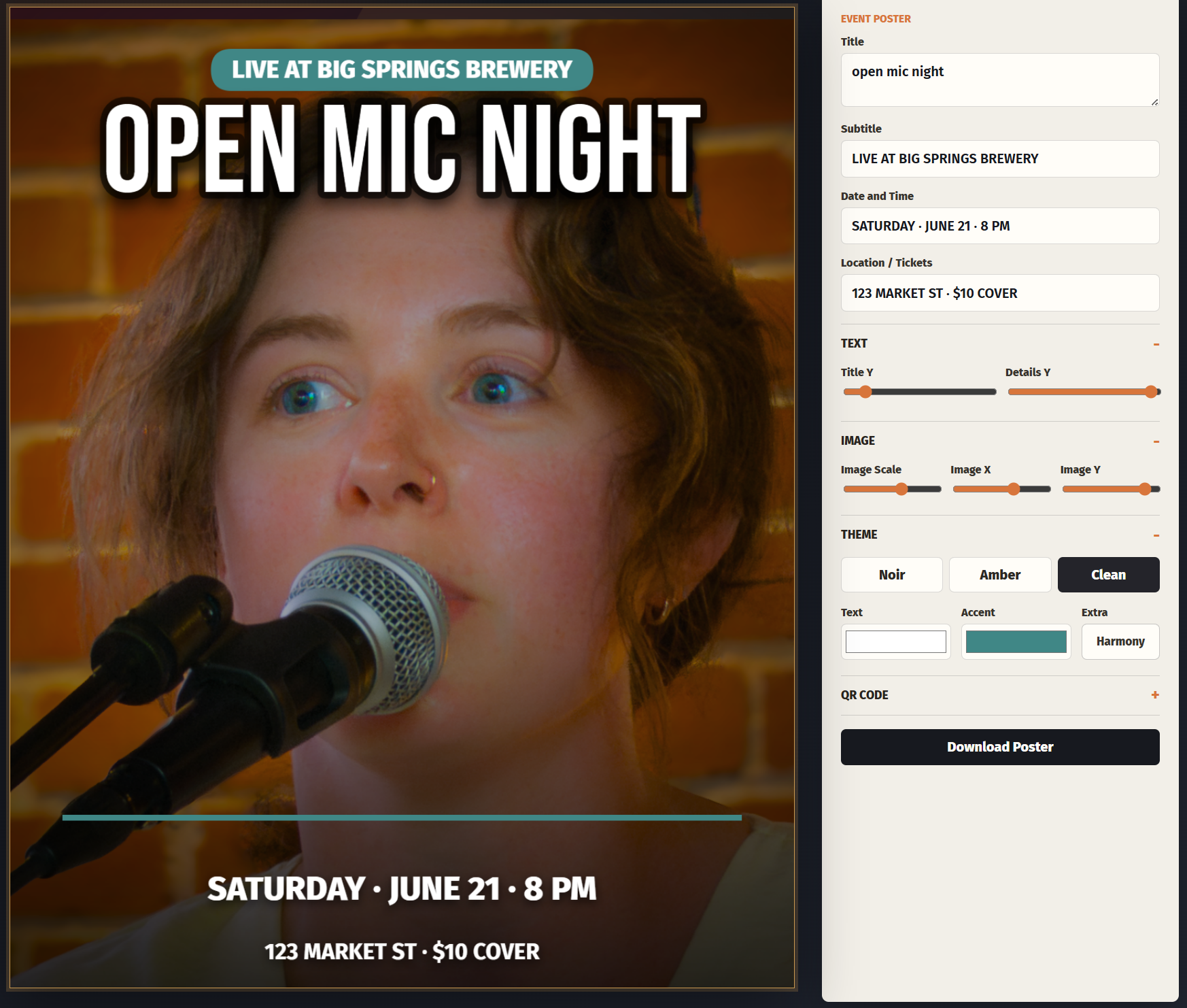 stylized event poster maker placeholder with photo block and overlaid text