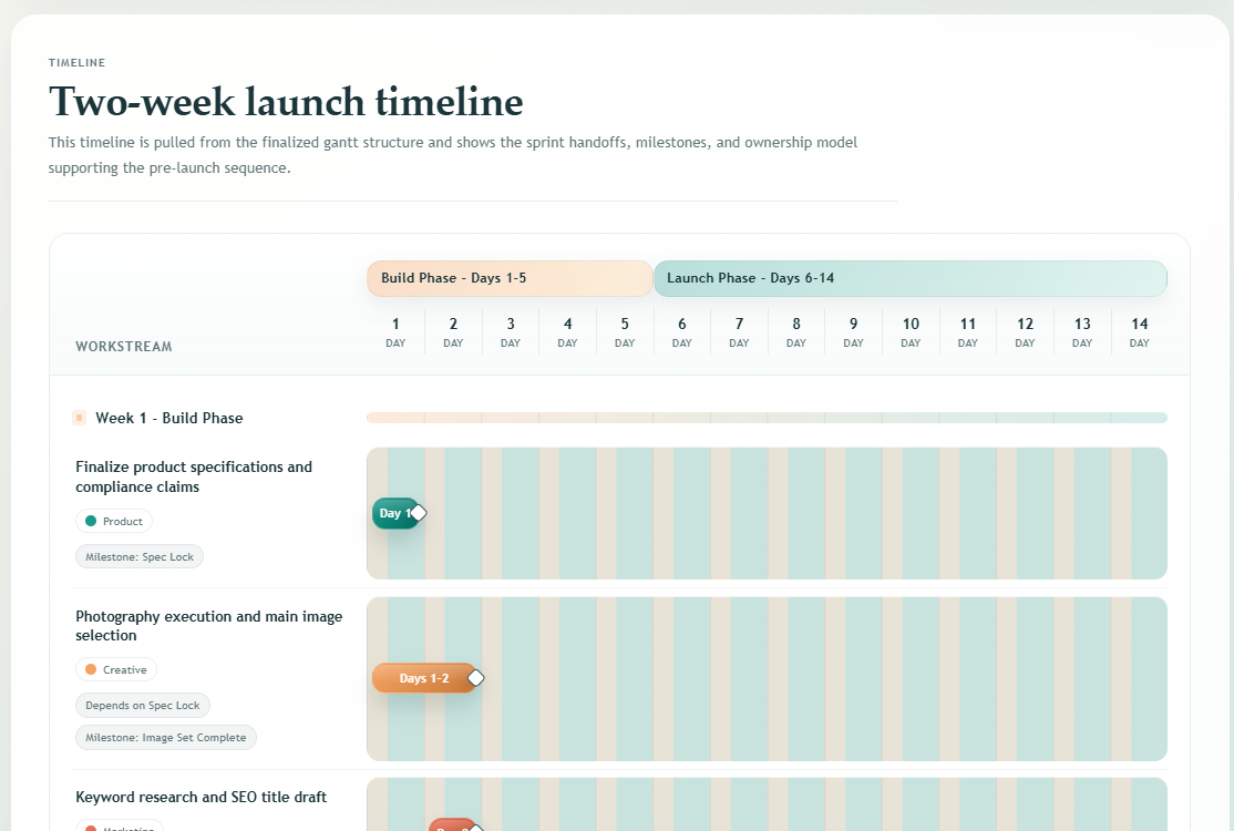 pre-launch product manager report dashboard with timeline and approval check